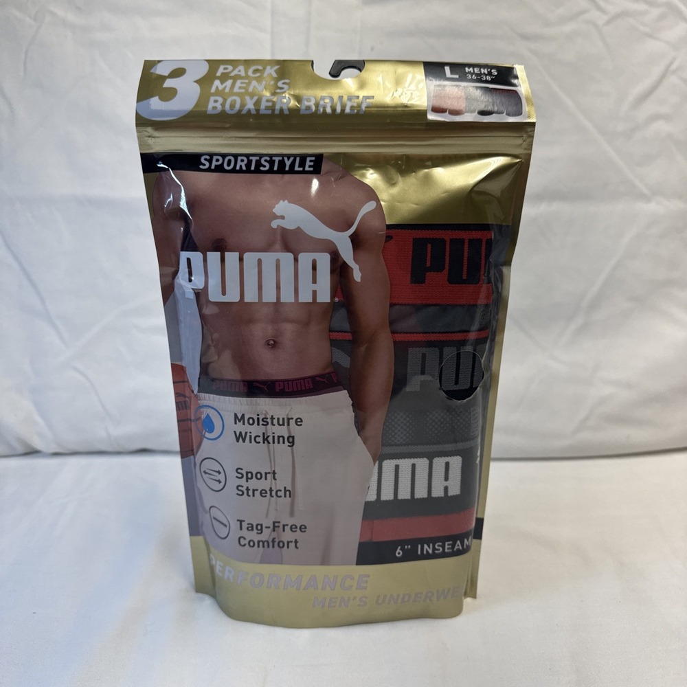 Puma Performance Sport Style Mens Size L 36-38 Boxer Brief Underwear 3 Pack